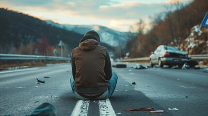 Canvas Print - man sitting on the road Car crash on the highway Car accidents on slippery roads, bus crashes and cars in the evening. Car crash and drunk driving. Insurance. 3D illustration.