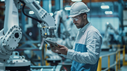 automation engineers use tablets to program robot arms in a smart factory for digital factory produc