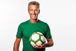 © luismolinero - Middle aged man over isolated white background holding soccer ball