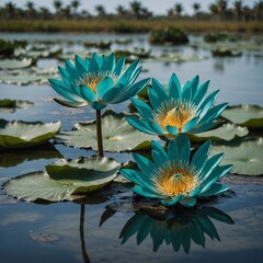 Wall Mural - A turquoise lotus blooming in a coastal lagoon.