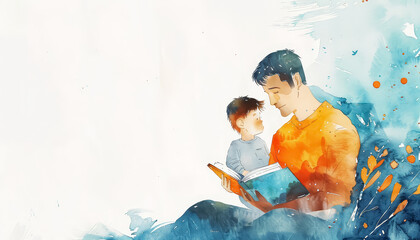 Wall Mural - A man and a child are reading a book together