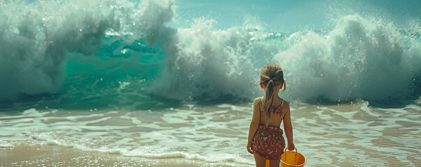 A small girl with pail and beach shovel stands in front of lines of waves in the ocean