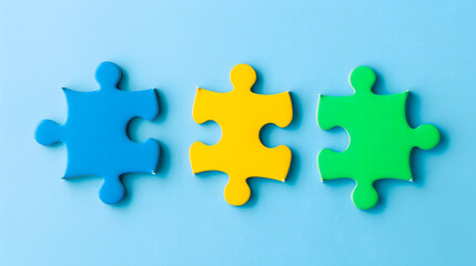 Trois de puzzle de différentes couleurs (bleu, jaune, vert) sur un fond bleu.