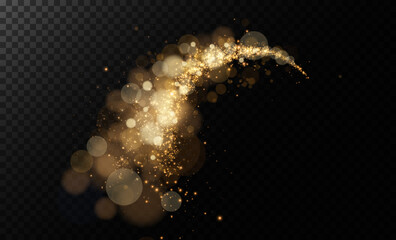 Wall Mural - A luminous bokeh that gently shimmers with golden light. Light abstract glowing lights. Glowing bokeh effect isolated on dark background. Christmas background made of glowing dust.	