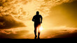 © STOCK PHOTO 4 U - Silhouette of a Man Running at Sunset with Dramatic Sky and Golden Light in the Background