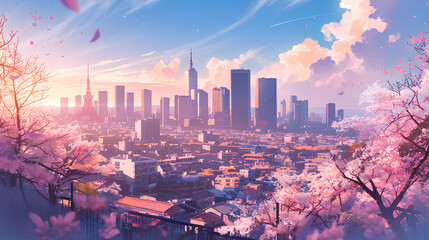 Wall Mural - spectacular aesthetic of tall cities and cherry trees