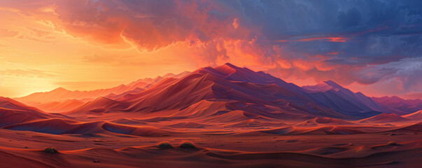 A serene desert landscape at sunset, with towering sand dunes and the warm glow of twilight.