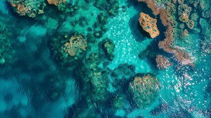 Wall Mural - Blue green surface of the ocean aerial view of vibrant coral reefs in clear blue ocean waters. Ideal for travel, nature, and marine  content