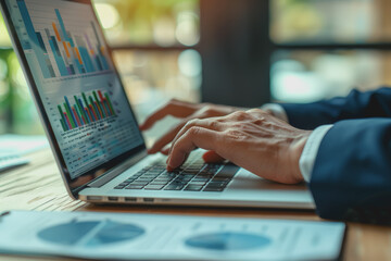 Businessman working on a laptop computer analyzing business data and graphs at the office.