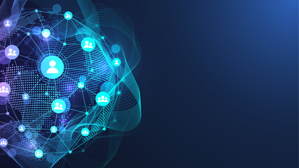 Leinwandbilder - Global network connection concept. Big data visualization. Social network communication in the global computer networks. Internet technology. Business. Science. Vector illustration