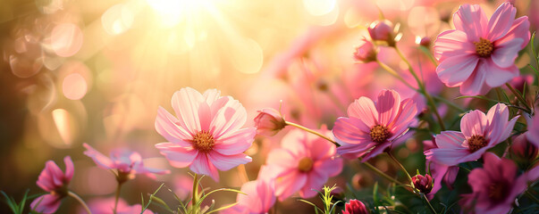 Wall Mural - Beautiful pink flowers in the garden with sunlight and green grass background.