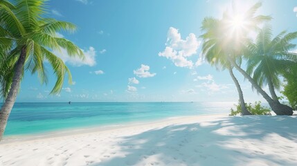 Wall Mural - A serene beach scene with white sand, lush green trees, and a clear blue sky bathed in bright sunlight