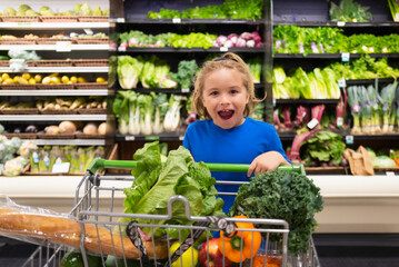 Wall Mural - Kid with shopping cart and vegetables at grocery store. Shopping in supermarket. Kids buying groceries in supermarket. Little boy buy fresh vegetable in grocery store. Child in shop.