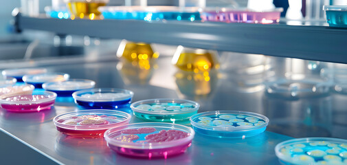 Multiple petri dishes with various bacteria's at laboratory with blurred in the background