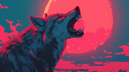 Wall Mural - wolf roaring under the moonlight at night, anime style