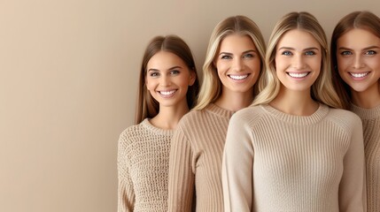 four young women wearing beige sweaters, standing closely together and smiling at the camera. the ba