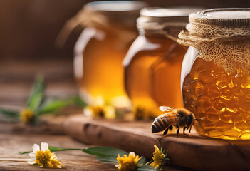 Wall Mural - Close-up of three jars of honey with honeycomb, decorated with burlap and flowers. A bee is perched on the wooden surface in front of the jars. The background is blurred. National Honey Month.