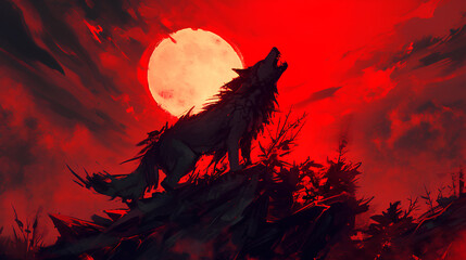 wolf roaring under the red moonlight at night, anime style
