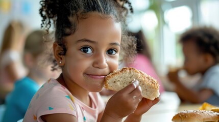 Wall Mural - A little girl, surrounded by other children at a table, savors a piece of bread, her face alight with joy and contentment.
