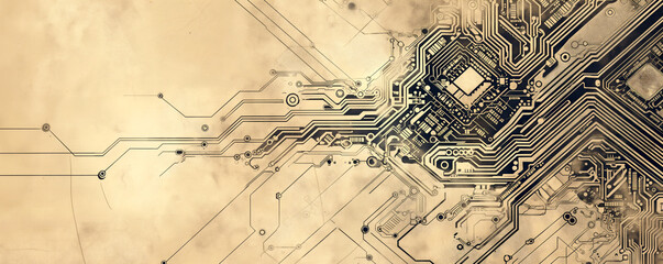 Aged paper with sketched circuit board banner background microchip drawing