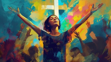 Wall Mural - oil paint abstract illustration of christian woman worship with hands raised. cultural diversity concept