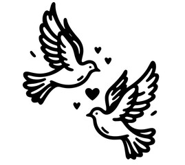 Wall Mural - Wedding lovebirds with a heart dove pigeon black vector silhouette sketch, decorative no color shape on tansparent background, outline separate simple illustration print, laser cutting and engraving