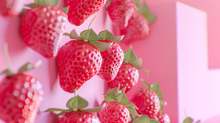 Wall Mural - pink wall with strawberries, close up, detailed, vibrant, beautiful, hyper realistic, macro photography, high resolution