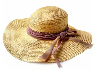 A stylish straw beach hat with a decorative ribbon and a wide brim, white background