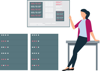 The girl is pointing at the data on the screen.