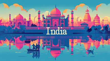 Sticker - Indian architecture, cityscape in the daylight, in the style of graphic design-inspired illustrations, travel poster