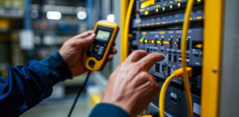 The electrician uses the multimeter to check line power in the electrical panel 