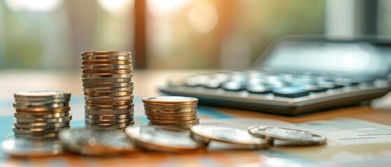 Stacks of coins on a desk with a calculator in the background, representing financial planning, investment, and saving money.