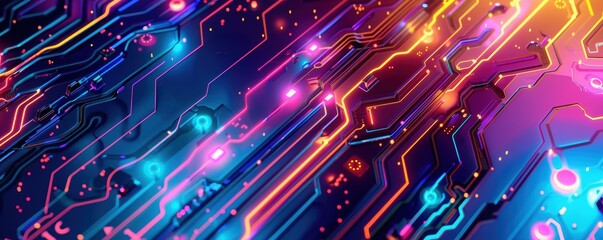 Wall Mural - Vibrant abstract image of a circuit board with colorful neon lights, representing technology, innovation, and digital connectivity.