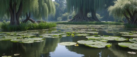 Canvas Print - A serene lake surrounded by lush weeping willows and lily pads, creating a tranquil and picturesque natural scene, ideal for relaxation and meditation