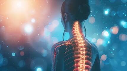 Illustration of a woman's back highlights a glowing spine, stressing spinal health and common stress points.