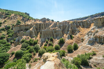 Sticker - Sceniv views of Kuladokya, which are natural formations were formed by the effects of rainwater, temperature changes, wind, and erosion in Kula, Manisa 