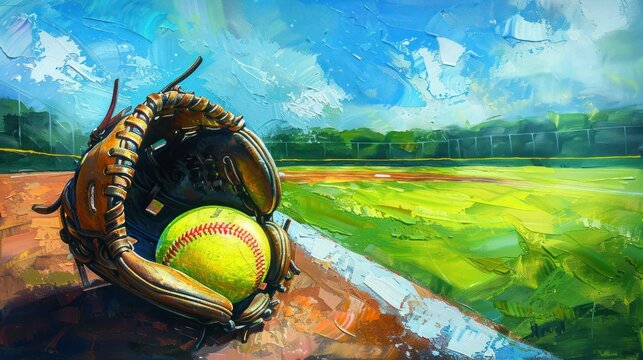 Artistic rendering of a softball glove with a ball on the field, capturing the essence of the game and a beautiful day.
