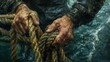 © Jeerawut - Close-up of rugged hands grasping rope in turbulent water, symbolizing strength, perseverance, and hard work in a challenging environment.