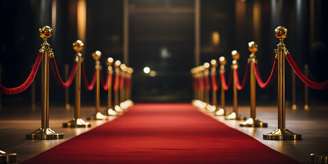 Wall Mural - 3D Red carpet with ropes isolated on dark background