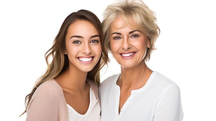 family, age difference,mom with young adult daughter on white background 