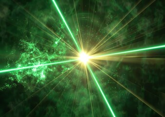 A green laser beam shines in the center of an abstract background with rays, light beams and lens flare effects