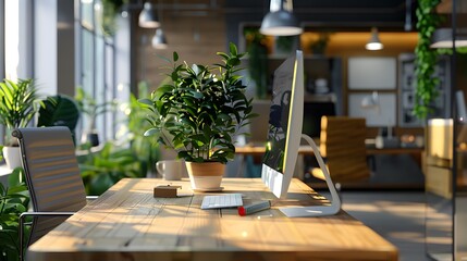 Laptop and indoor plants work from home set up