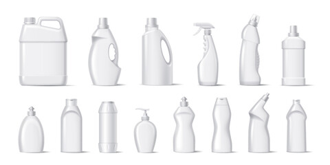 Poster - Mockup bottles of detergent products realistic vector illustration set. Blank containers with cleaning agents 3d objects on white background