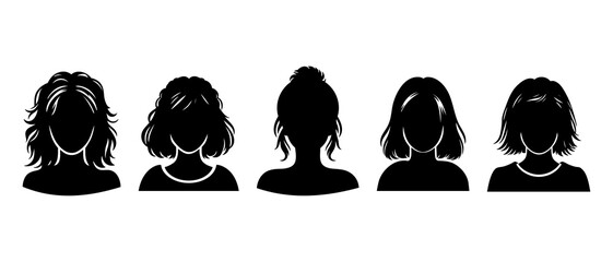 Wall Mural - Young girl front view profile silhouette black filled vector Illustration icon. Set of cute and beautiful school children character design.