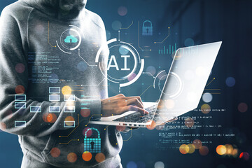 Wall Mural - Person using laptop with digital AI and data overlay graphics, depicting a concept of artificial intelligence, on a dark bokeh background
