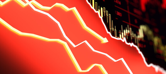 Sticker - A digital image featuring a bearish stock market trend with red and yellow colors on a dark background, concept of financial crisis. 3D Rendering