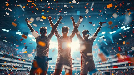 Three athletes are seen from the back, raising their arms in victory amidst a shower of confetti in a stadium