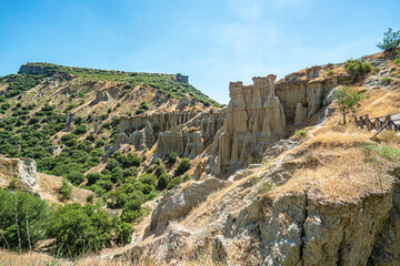 Sticker - Sceniv views of Kuladokya, which are natural formations were formed by the effects of rainwater, temperature changes, wind, and erosion in Kula, Manisa 