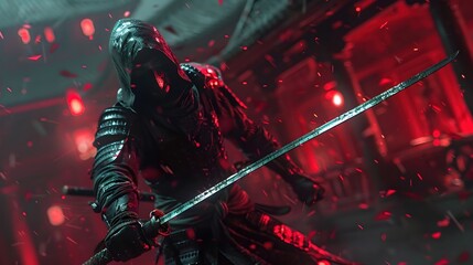 Poster - Demoniac Shadow Assassin in Mid-Combat with Clashing Kodachi Blades in Abandoned Castle Interior