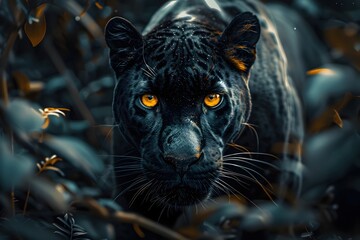 Sticker - Feline Finesse:Sleek Black Panther Prowling Through Shadows with Piercing Golden Eyes